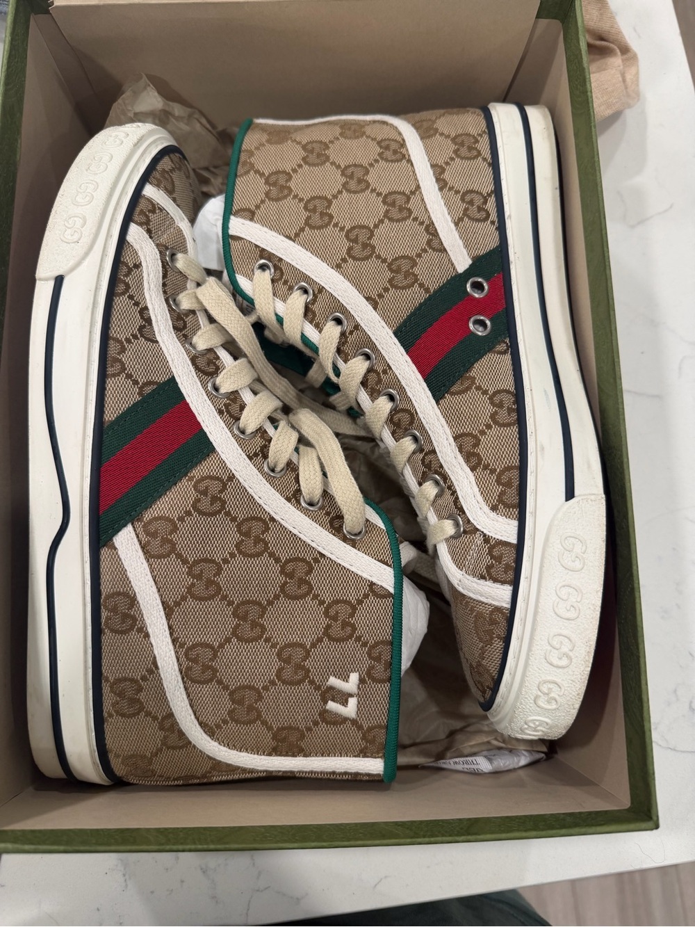 Gucci Beige GG Canvas High-Top Sneakers with Green-Red Web